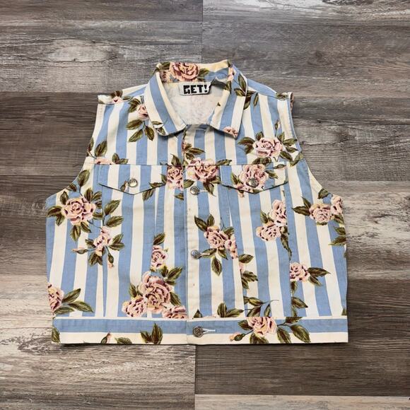 Vintage Denim Floral Button Up Vest Top 80s 90s Get! Blue White Striped‎ Size L - Picture 1 of 7